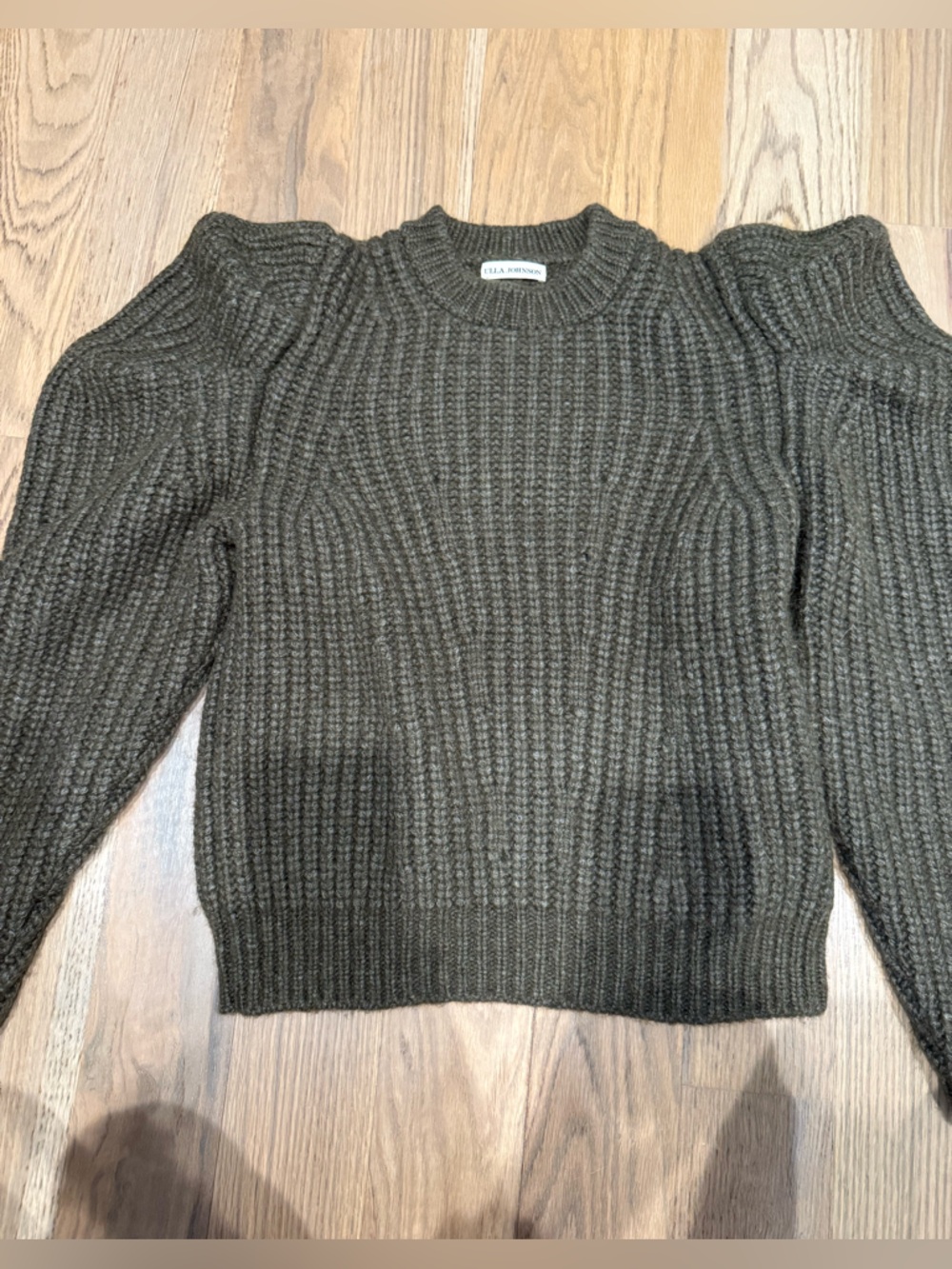 Ulla Johnson Olive Ribbed Puff-Sleeve Crewneck Sweater